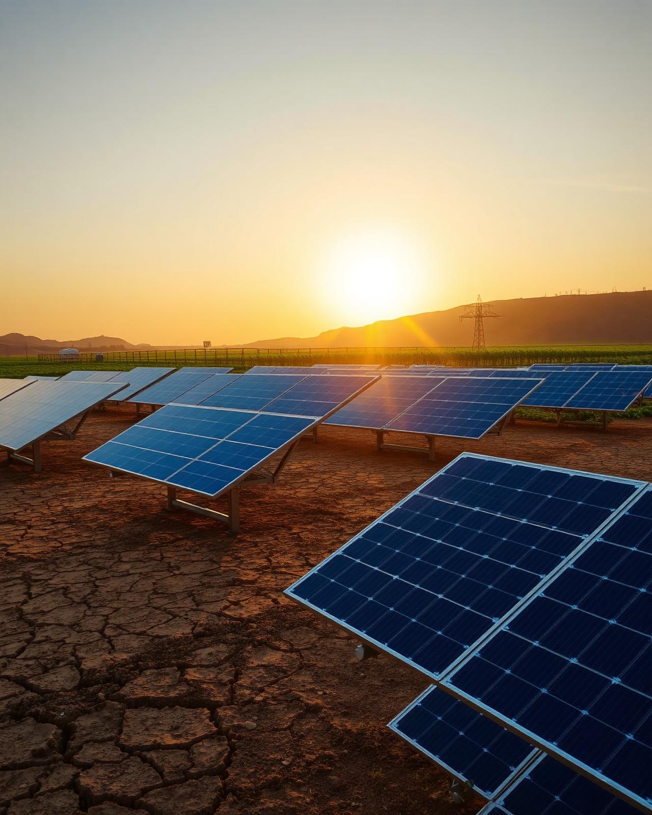 Painéis solares irrigando lavoura ao pôr do sol